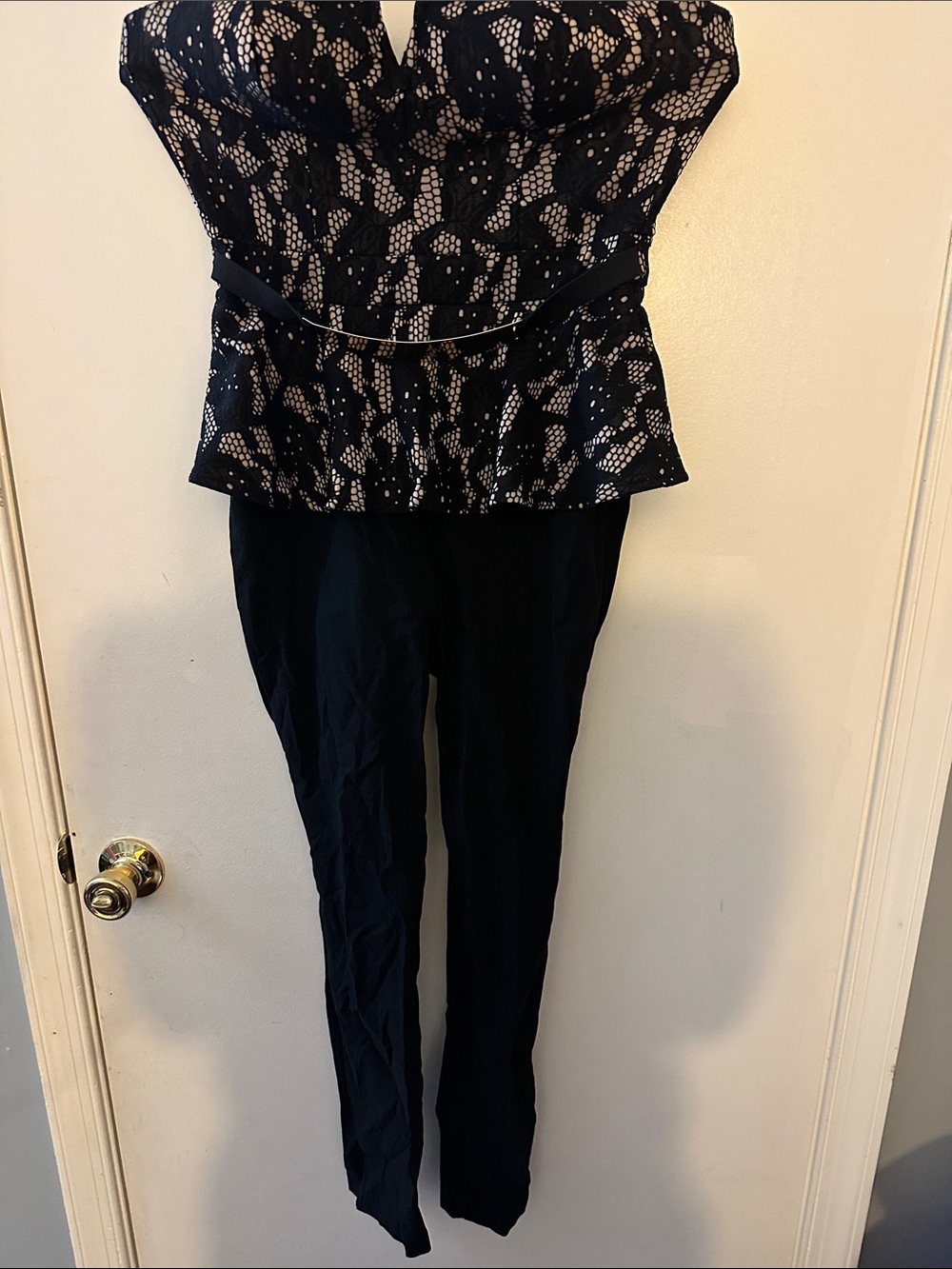 Material Girl Black Lace-Overlay Strapless Peplum Jumpsuit